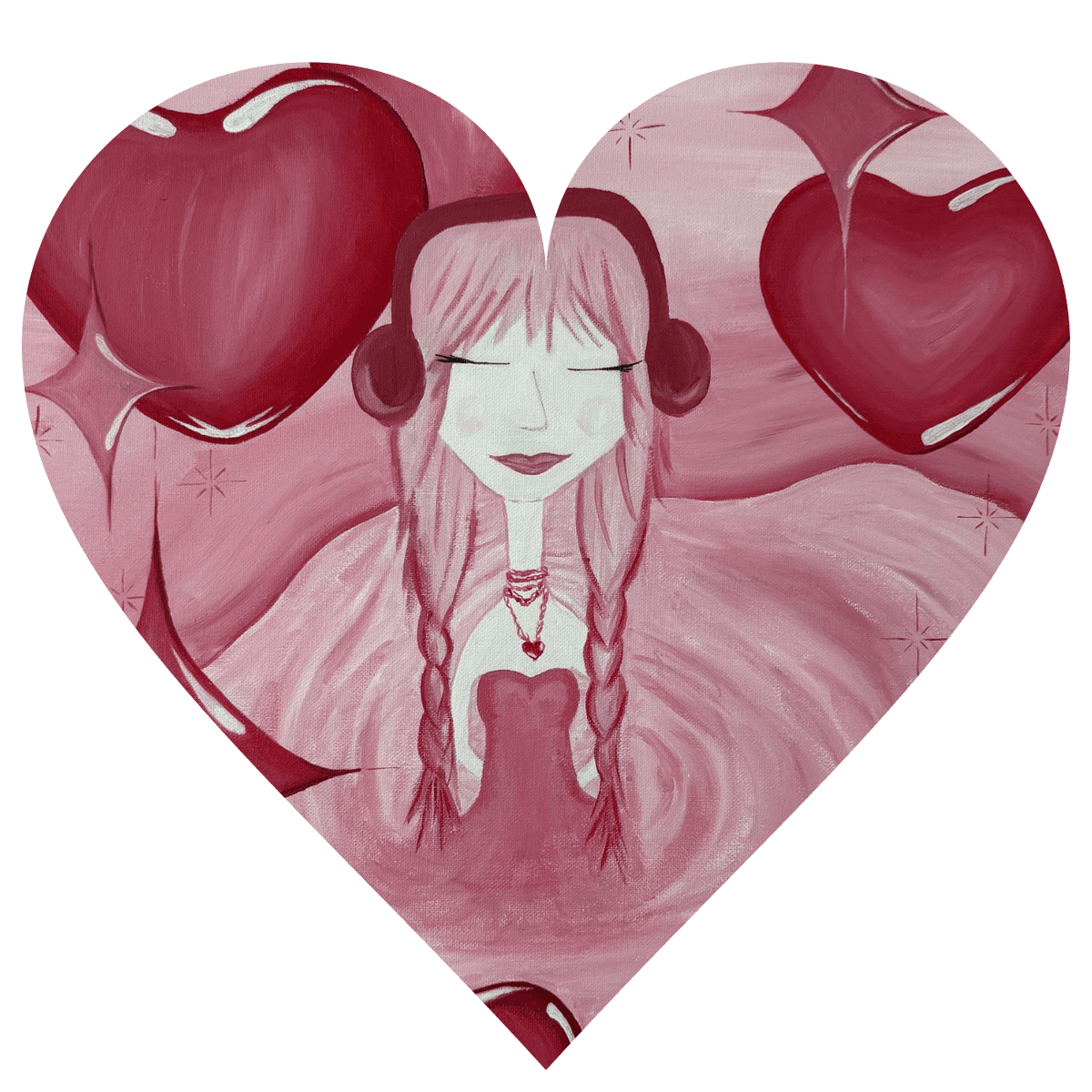 Whimsical Pink Love All Around: acrylic painting of a girl in headphones surrounded by glossy pink hearts, cropped in a heart shape
