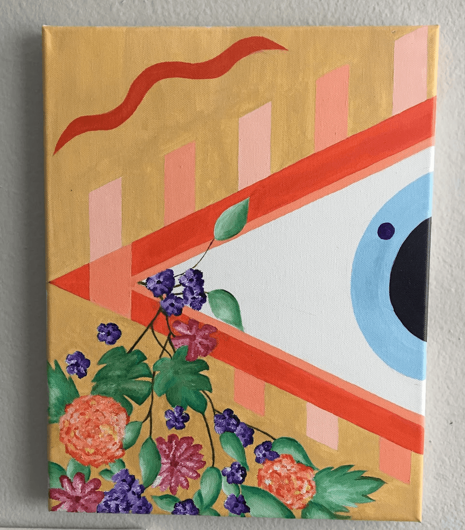 Acrylic painting of a large abstract eye in orange and white on gold, with a garland of painted flowers across the corner