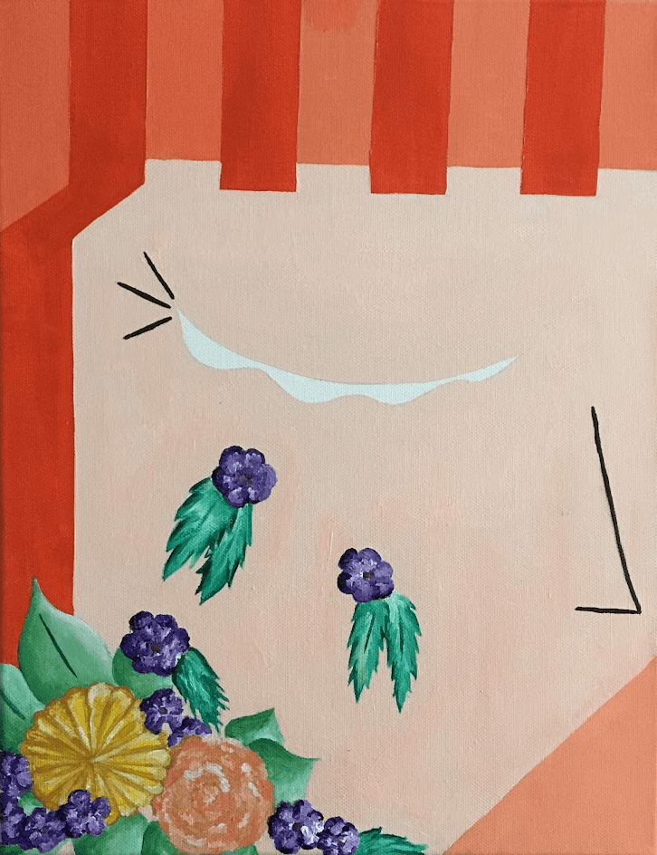 Acrylic painting of an abstract face with orange striped bangs, a pale smile, and purple flowers falling like tears