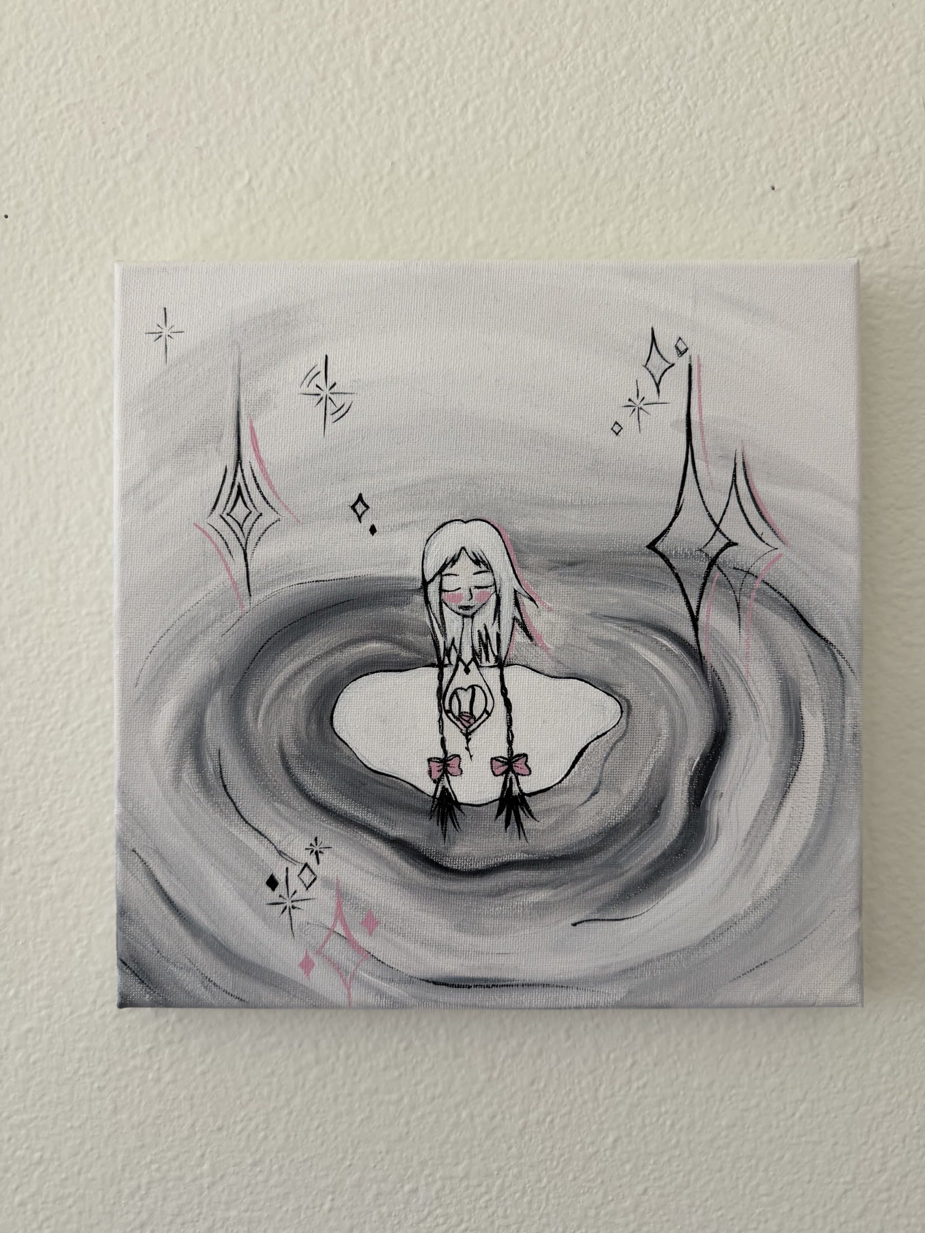 Acrylic painting of a girl with long braids and pink bows sitting in a swirling gray pool, a heart in her chest, surrounded by sparkles