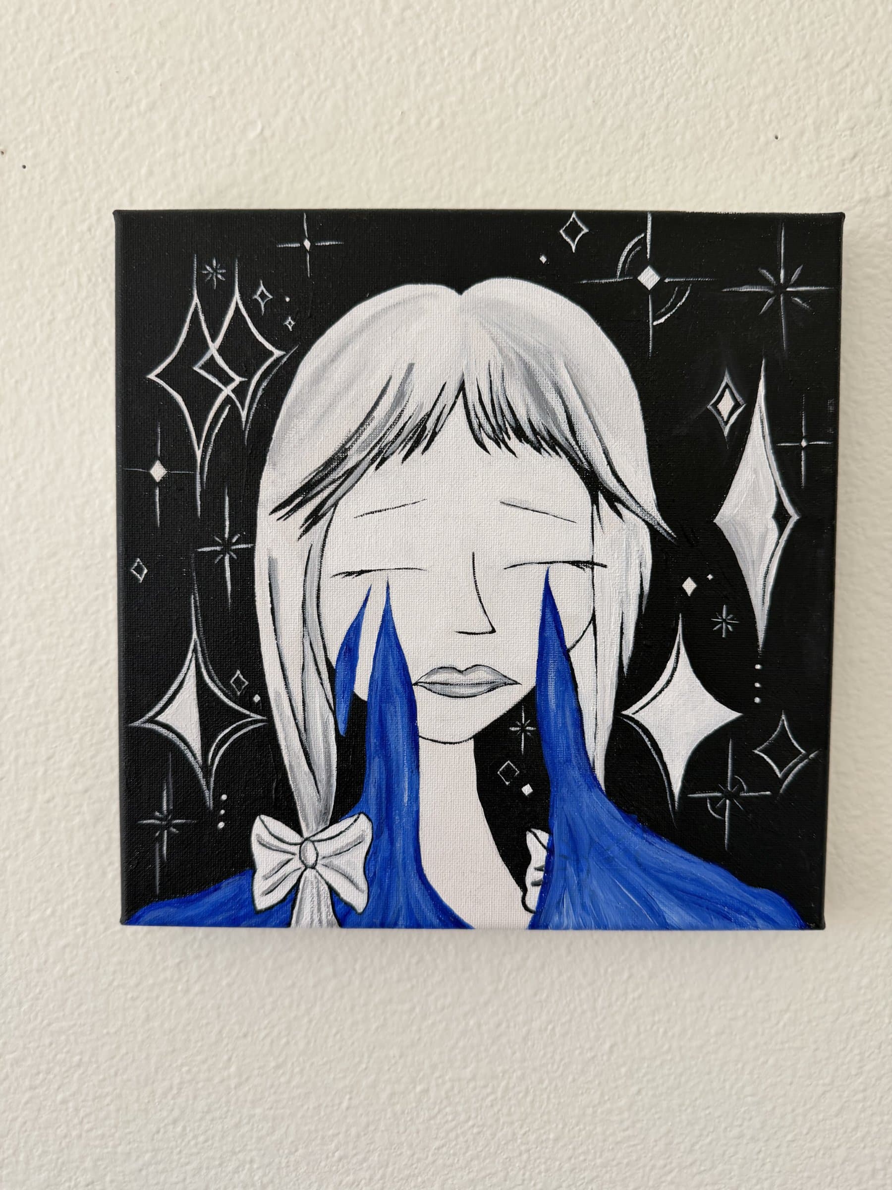 Acrylic painting of a silver-haired girl with a white bow, electric blue tears streaming down, on black with retro sparkles
