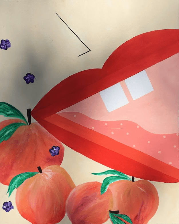 Acrylic painting of red lips biting into a stem, surrounded by peaches and small purple violets on a cream background